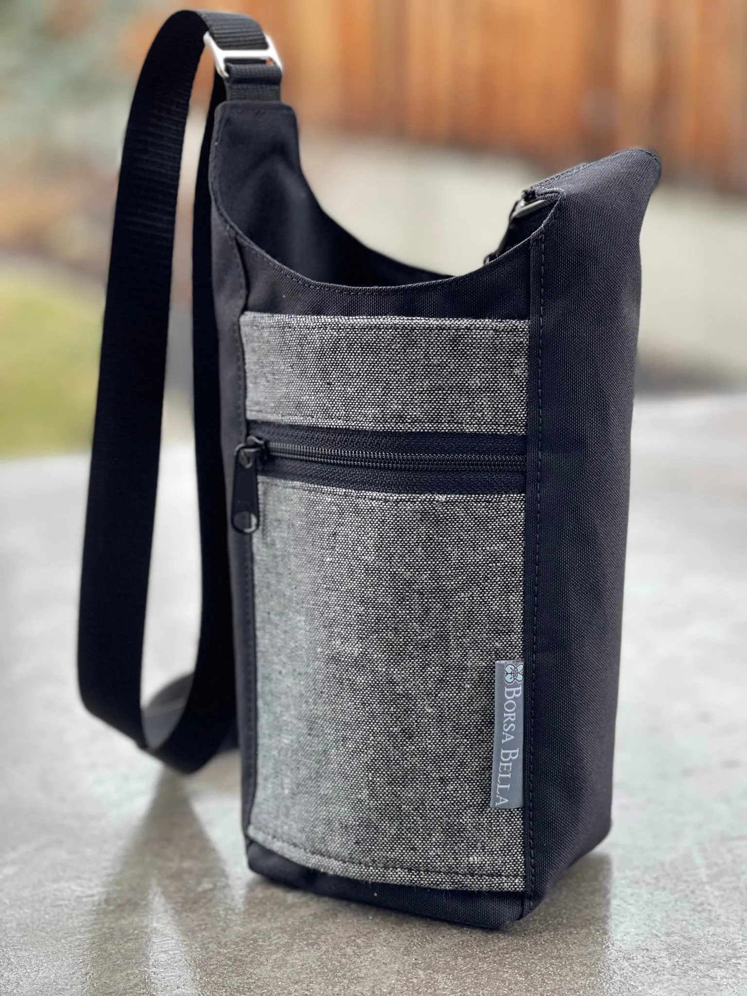 Water Bottle Crossbody Bag - Day Drinker - Black and White Canvas Linen Pocket