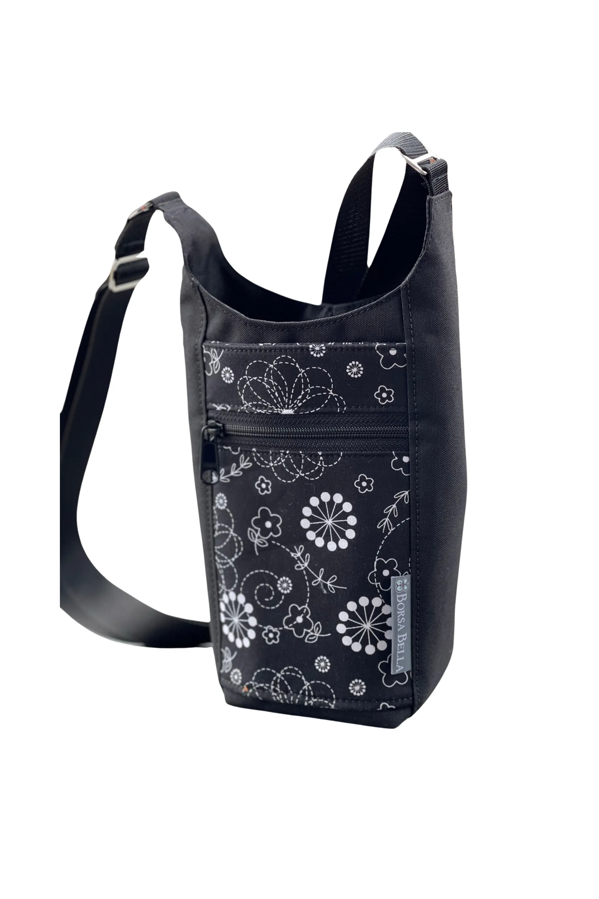 Water Bottle Crossbody Bag - Day Drinker - Black and White Daisy Doodle Pocket