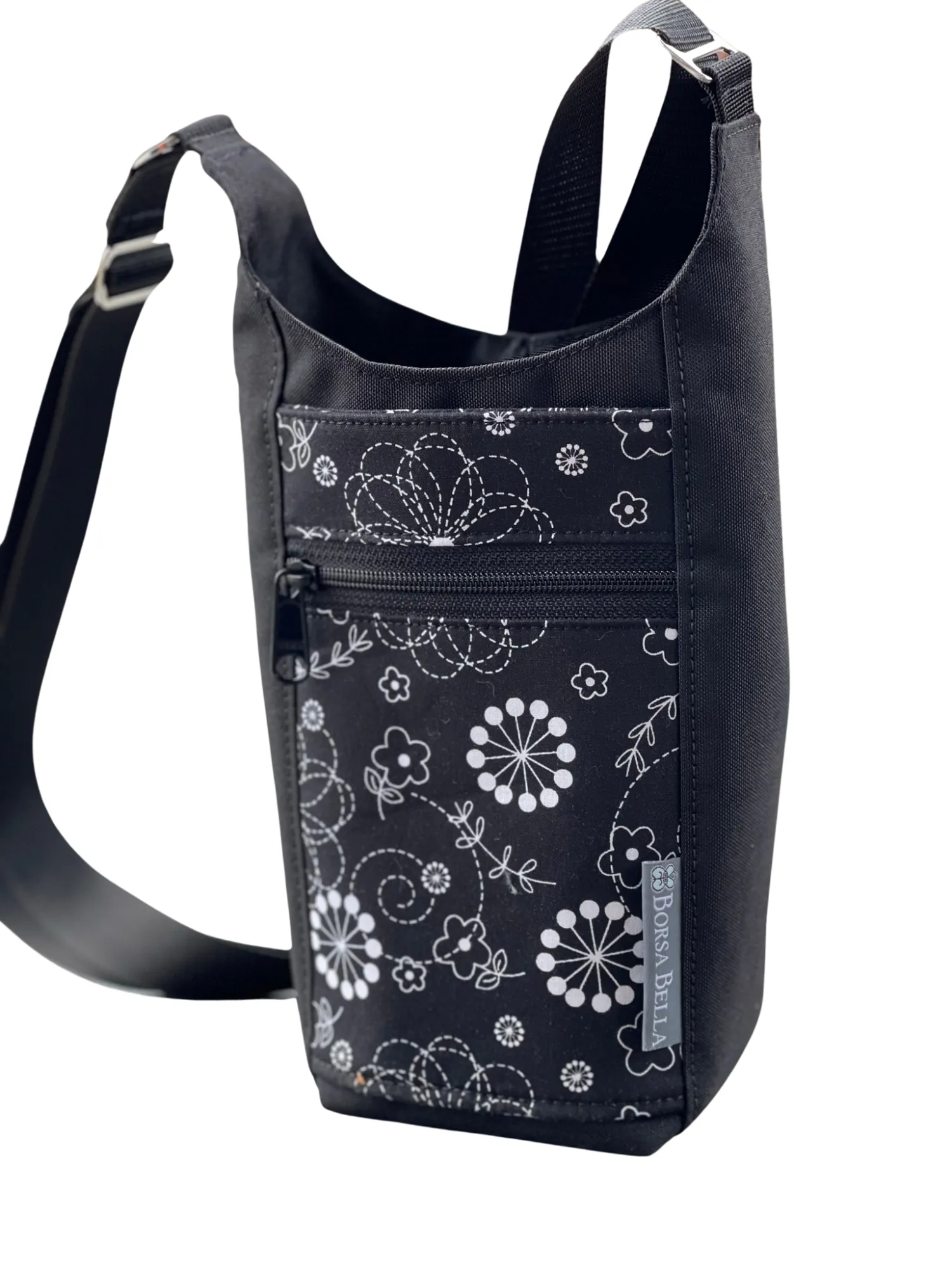 Water Bottle Crossbody Bag - Day Drinker - Black and White Daisy Doodle Pocket