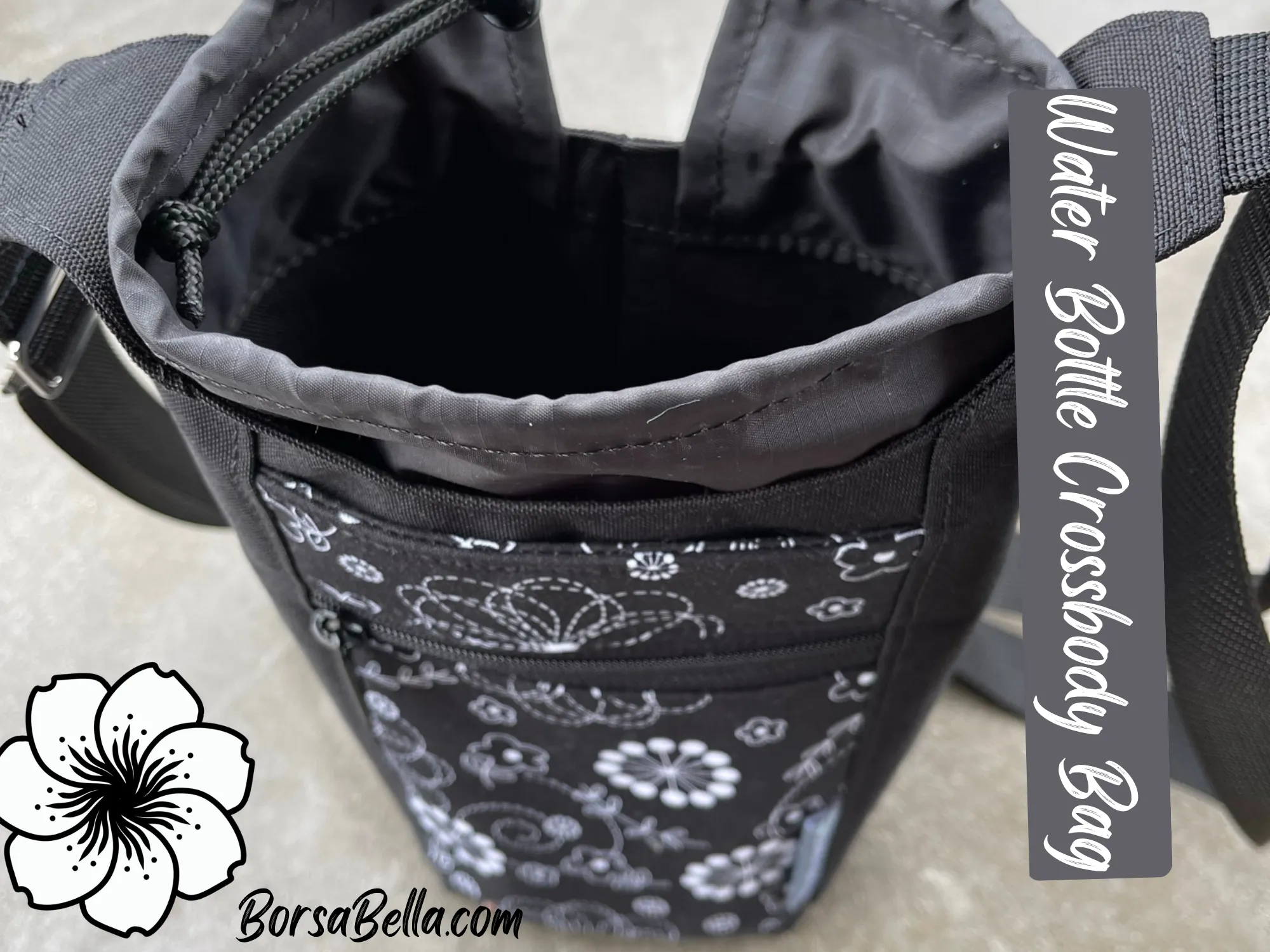 Water Bottle Crossbody Bag - Day Drinker - Black and White Daisy Doodle Pocket