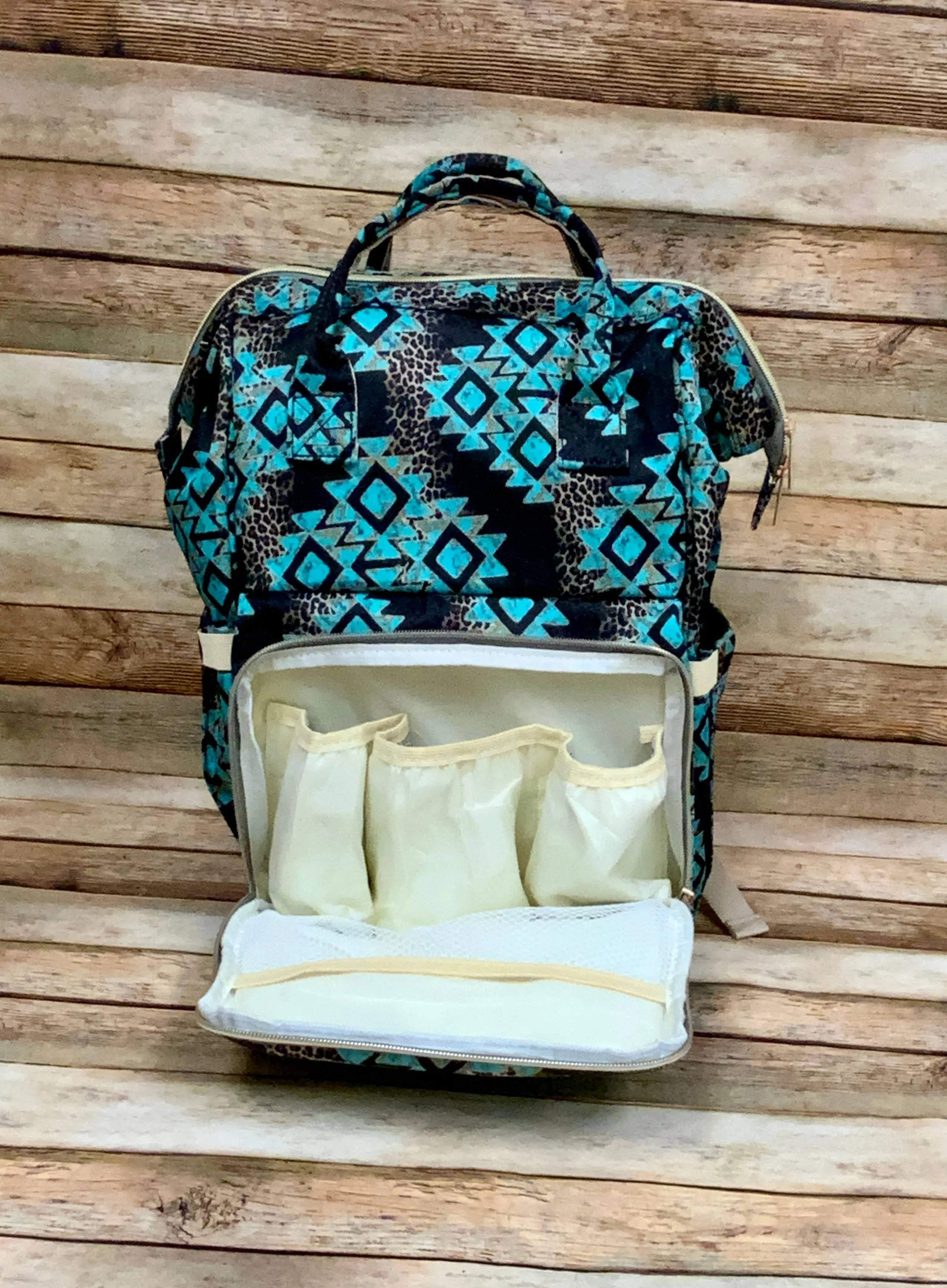 Western Star Aztec Turquoise Leopard and Black Diaper Bag Backpack