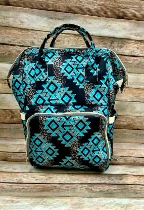 Western Star Aztec Turquoise Leopard and Black Diaper Bag Backpack