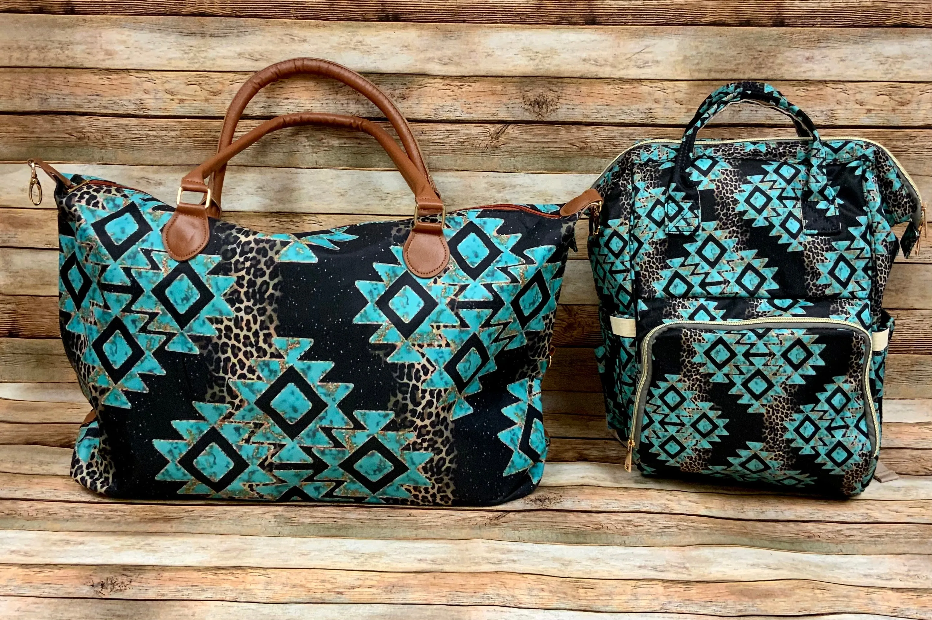 Western Star Aztec Turquoise Leopard and Black Diaper Bag Backpack