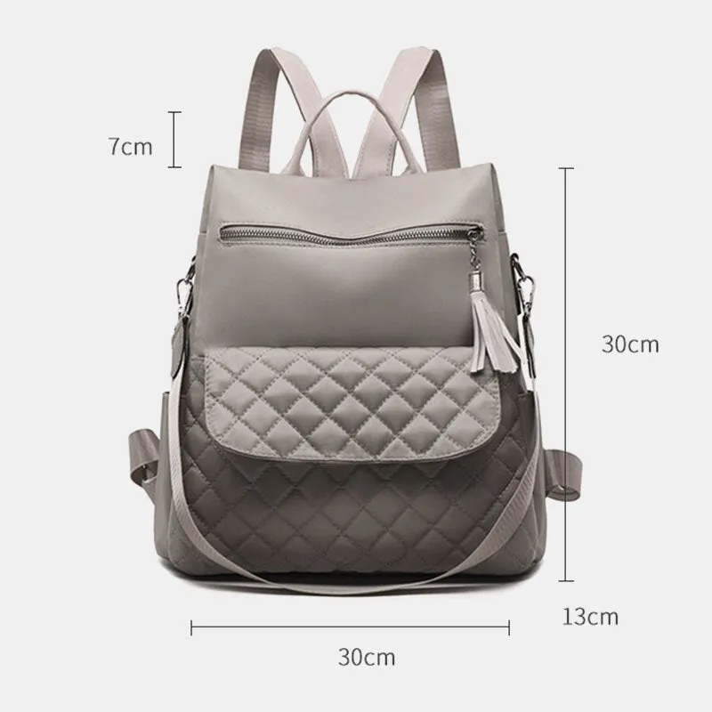 Women Multi-carry Oxford Diamond Pattern Anti-theft Waterproof Tassel Casual Backpack