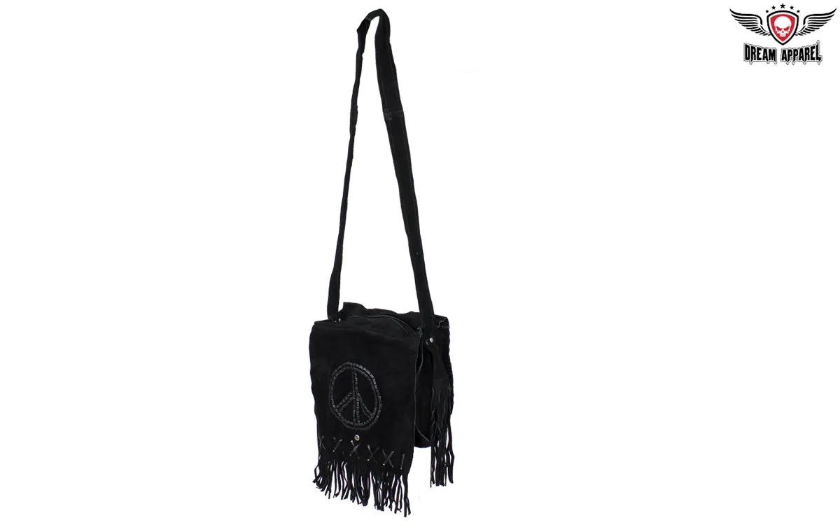 Women's Genuine Black Suede Pocketbook with Peace Sign