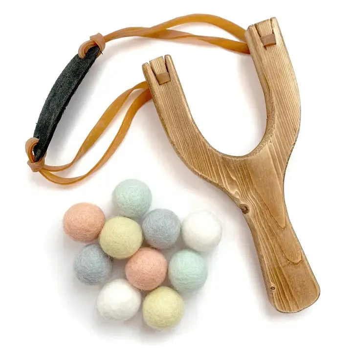 Wooden Slingshot w/ Felt Ball Ammo