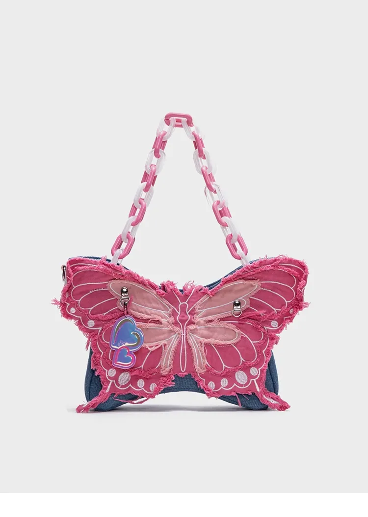 Y2K Pink Butterfly Denim Cute Sweet Chain Handbag Shoulder Messenger Bag