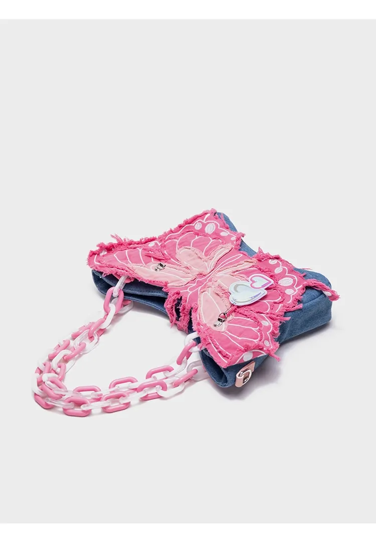 Y2K Pink Butterfly Denim Cute Sweet Chain Handbag Shoulder Messenger Bag