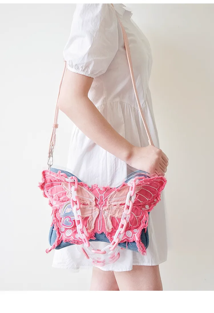 Y2K Pink Butterfly Denim Cute Sweet Chain Handbag Shoulder Messenger Bag